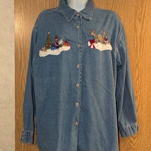 Vintage 90s At Last & Co. Women's Cotton Denim Ugly Christmas Flannel